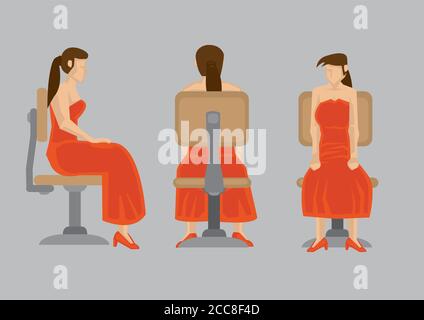 Front view, back view and side view of a lady in red dress sitting on a swivel office chair. Cartoon illustration isolated on plain background. Stock Vector
