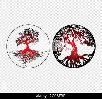 tree of life with roots red gradient design on transparent background, vector illustration Stock Vector