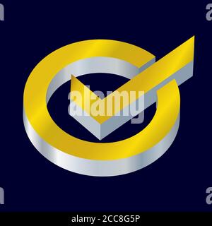 Vector illustration. Correct or ok sign in three dimensions and gold colors. Stock Vector