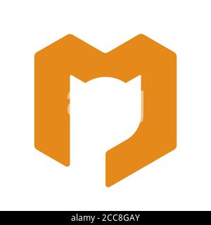 Vector illustration. Cubic cat icon or logo in flat, simple and geometric style. Stock Vector