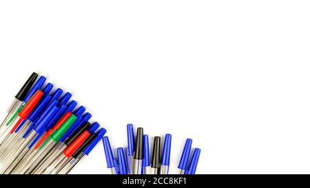 Pile of a lot multi colored plastic ballpoint pens isolated on white background. Abstract stationery background. 16x9 format. Top view. Close-up. Many Stock Photo