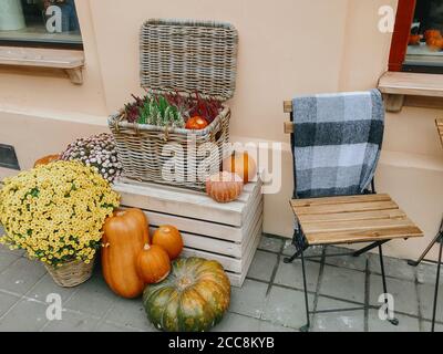 Halloween street decor. Pumpkins and autumn flowers in baskets on wooden boxes, rustic modern decor of city street in fall. Happy Thanksgiving and Hal Stock Photo