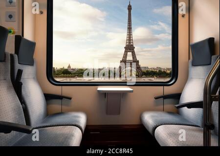 The Eiffel Tower seen from a subway car window Stock Photo