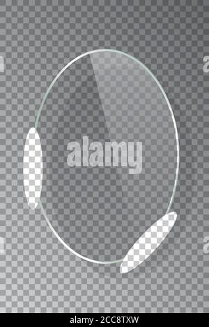 Realistic 3d vertical ellipse glass frame isolated on grey transparent background. Creative border plate object. Round framework. Stock Vector