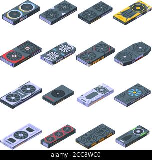 Graphics card icons set. Isometric set of graphics card vector icons ...