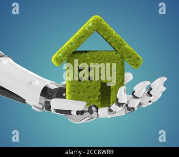 Robotic hand holding a green house. Concept of many ideas like ecology and environmental needs, artificial inteligence in home and others Stock Photo