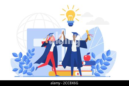 Graduate people celebrate vector illustration. Cartoon flat tiny group of happy graduating students characters celebrating graduation, holding school or college education diploma isolated on white Stock Vector