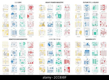 Flat thin line abstract icons, vector illustration modern design set with future eco technology in genetics biochemistry or heavy power industry, building city construction and ecology tech collection Stock Vector