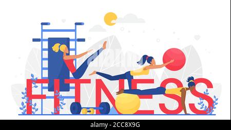 Fitness word vector illustration. Cartoon flat tiny woman characters training, doing sport exercises with ball, dumbbell equipment and big letters, sportive fitness workout concept isolated on white Stock Vector