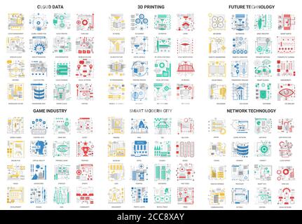 Flat thin line abstract icons vector illustration set with future technology in smart city symbols, cloud data and network security, 3d printing, video game industry outline tech modern collection Stock Vector