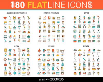 Flat thin line icons, vector illustration creative modern design collection with city house building construction, interior furniture for home, hotel office or kitchen and garden tools outline set Stock Vector