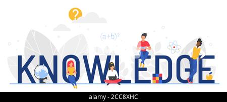 Knowledge word vector illustration. Cartoon flat tiny booklovers woman man characters reading books for education, reader people sitting next to big letters, educational concept isolated on white Stock Vector