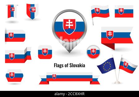 The Flag of Slovakia. Big set of icons and symbols. Square and round Slovakia flag. Collection of different flags of horizontal and vertical. Stock Vector