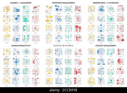 Flat thin line modern abstract icons vector illustration, outline educational and development management set with corporate business education process and startup, motivation for human productivity Stock Vector