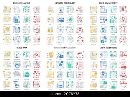 Flat thin line abstract icons vector illustration set with science network technology for seo or social media advertising, cloud data development and business project planning outline modern symbols Stock Vector