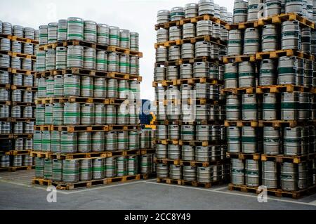 Germany Brewery. Pallets of beer kegs in stock outdoor brewery. Stock Photo