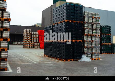 Germany Brewery. Pallets of beer kegs in stock outdoor brewery. Stock Photo