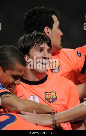 Milan, Italy , 20 April 2010, 'G.MEAZZA SAN SIRO ' Stadium,  UEFA Champions League 2009/2010, FC Inter - FC Barcelona: Lionel Messi celebrates after the goal Stock Photo