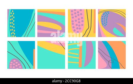 Set of fun hand drawn colorful shapes, doodle objects, lines and dots collage, modern trendy abstract pattern background for design banners. Blue gree Stock Vector