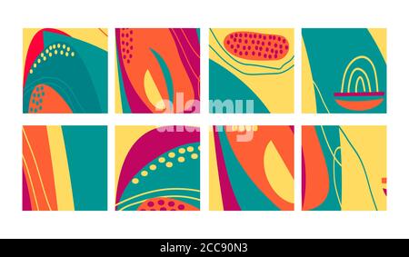 Set of fun hand drawn colorful shapes, doodle objects, lines and dots collage, modern trendy abstract pattern background for design banners. Blue yell Stock Vector