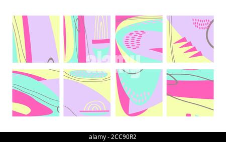 Set of fun hand drawn colorful shapes, doodle objects, lines and dots collage, modern trendy abstract pattern background for design banners. Pink yell Stock Vector