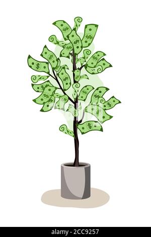 Green potted tree growing currency with dollar sign on white background, vector illustration Stock Vector