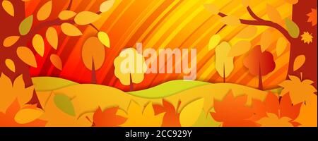 Horizontal bright autumn background. Autumn forest with falling leaves. place under text for flyers, leaflet, web. Stock Vector