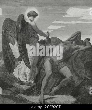 Old Testament. Elijah in the desert. Engraving after a painting by Frederic Leighton (1830-1896). La Ilustracion Española y Americana, 1881. Stock Photo