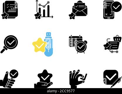 Checkmark black glyph icons set on white space Stock Vector
