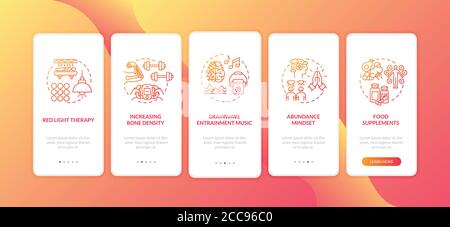 Biohacking techniques onboarding mobile app page screen with concepts Stock Vector