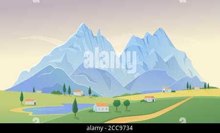 Mountain village landscape vector illustration. Cartoon mountainous countryside rural scenery with farm houses on green field, lake and road path, scenic nature farmland in summer panorama background Stock Vector