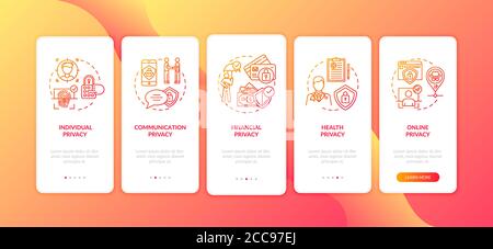 Privacy types onboarding mobile app page screen with concepts Stock Vector