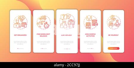Student self management onboarding mobile app page screen with concepts Stock Vector