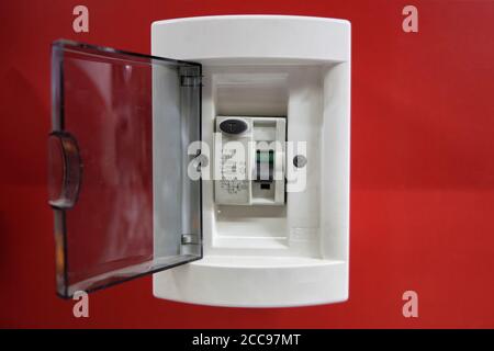 Fusebox or electrical consumer unit wiring panel. Stock Photo