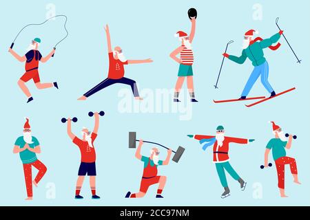 Santa in sport workout vector illustration. Cartoon flat Santa character doing gym exercises with dumbbells barbell, standing in yoga meditating pose, healthy activity, Christmas winter sport set Stock Vector