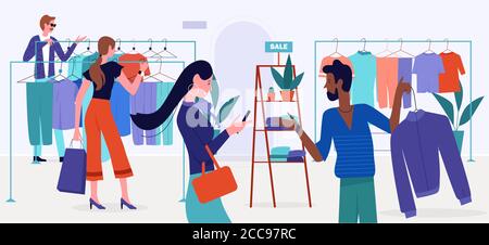 Shopping mall sales vector illustration. Cartoon flat customer buyer people choose clothes hanging on hangers of retail store, shop or boutique modern interior, buy fashion trendy garments background Stock Vector