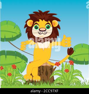 Cartoon animal lion in jungle sitting on stump Stock Vector