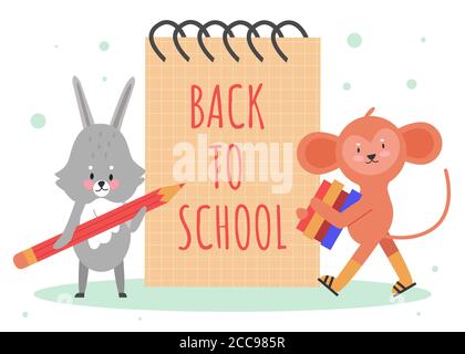 Back to school concept vector illustration. Cartoon cute fluffy animal student schoolkid characters with pencil, stack of books standing next to notebook and back to school text, education background Stock Vector