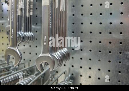 Chrome colored brand new ratchet wrench keys. Stock Photo