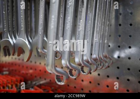 Chrome colored brand new ratchet wrench keys. Stock Photo