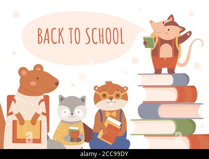 Back to school lettering, education concept vector illustration. Cartoon happy smart animal student schoolkid characters start studying, sitting on stack of books and textbooks, schooling background Stock Vector