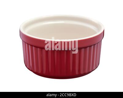 Red round empty porcelain ramekin on a white background Stock Photo