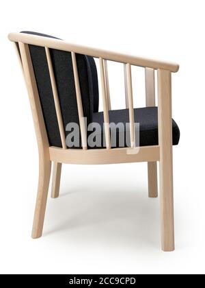 Side view of wooden chair with black textile seat Stock Photo