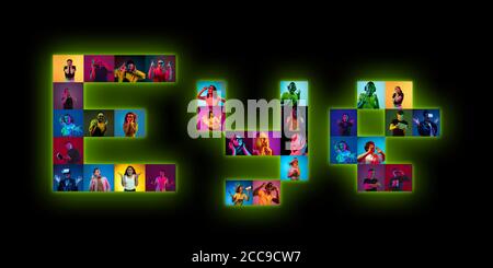 Collage of portraits of 17 young emotional people on multicolored background in neon light making EYE lettering. Concept of modern technologies, television, connection, gaming, online, interactive. Stock Photo