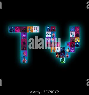 Collage of portraits of 17 young emotional people on multicolored background in neon light making TV lettering. Concept of modern technologies, television, connection, gaming, online, interactive. Stock Photo
