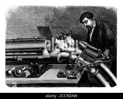 An old engraving of a large pneumatic caisson in the 1800s. It is