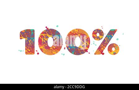 100 percent - typography inscription with multicolored spots of paint in red, yellow, teal colors on white background. Vector stock illustration, design element for flyer, banner, tag, advertisement. Stock Vector