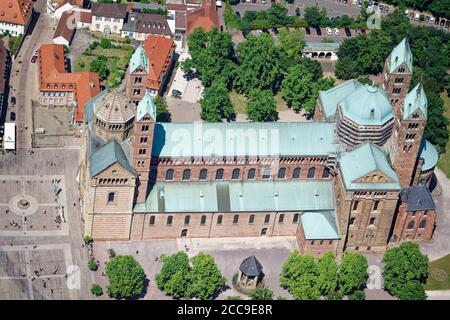 Scenic aerial view at the Speyer Cathedral with the Domnapf in front of the portal. (South view) Stock Photo