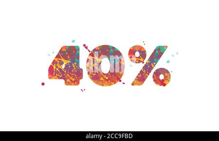 40 percent - typography inscription with multicolored spots of paint in red, yellow, teal colors on white background. Vector stock illustration, design element for flyer, banner, tag, advertisement. Stock Vector