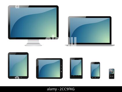 Illustration of computers and portable devices in different sizes and forms on a white background Stock Photo